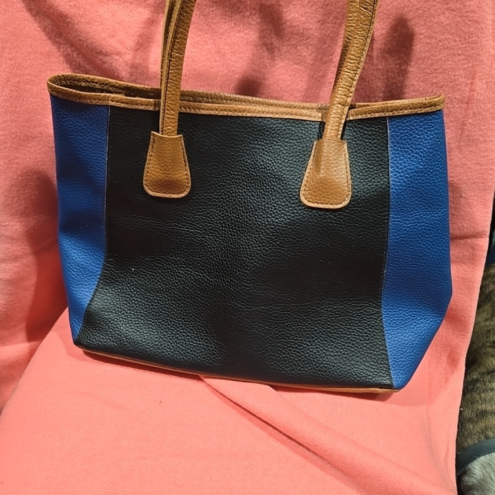 Neiman Marcus Black and Blue Tote with Tan Accents